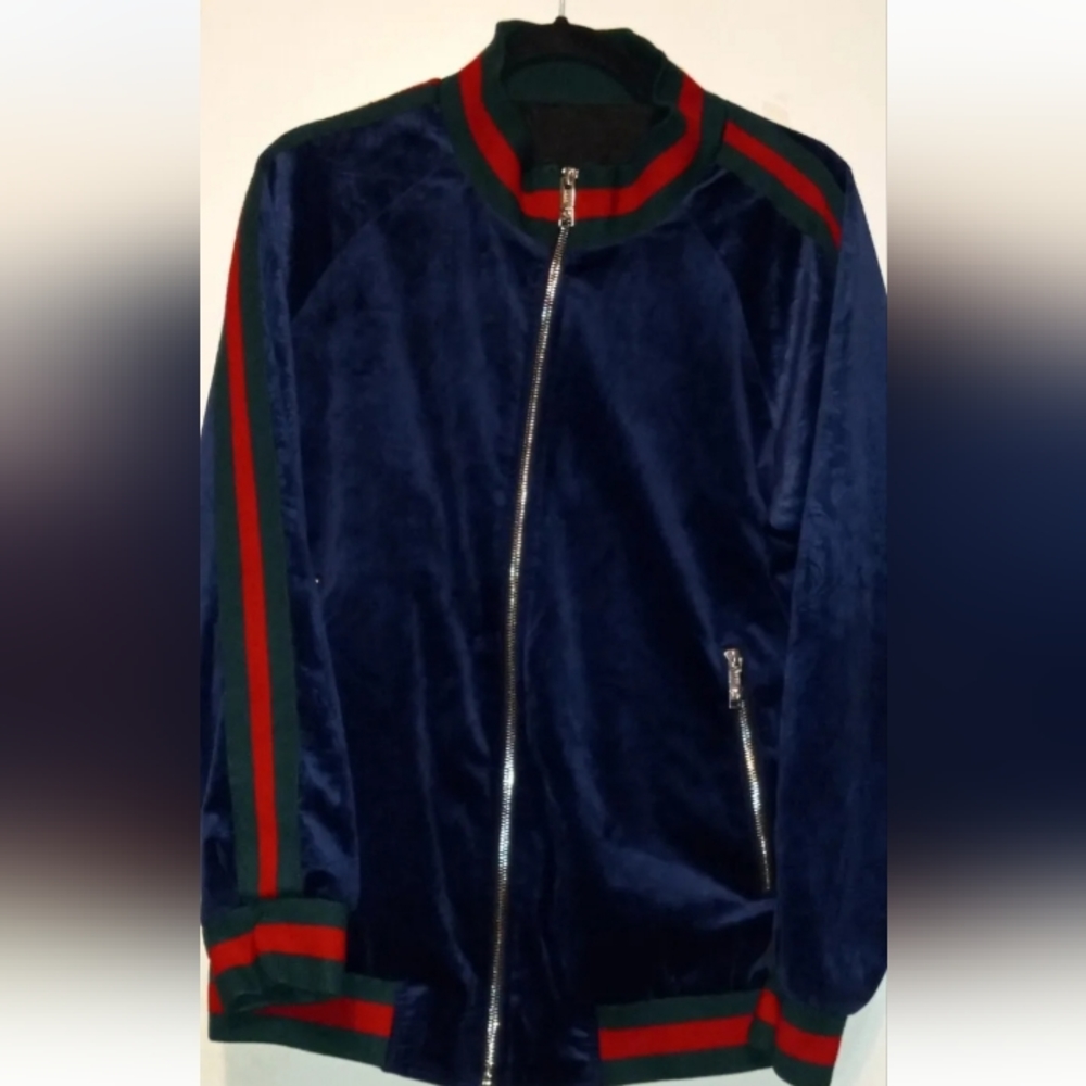 Manzini Soft Track Jacket-navy blue/red/green striped/paisley~Size small